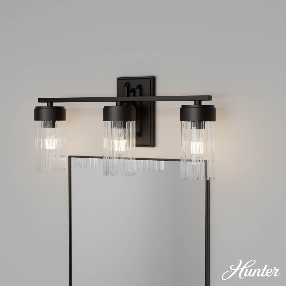Hunter 45222 Matte Black Gatz Matte Black With Clear Fluted Glass 3 Light Bathroom Vanity Wall Light Fixture Image 4