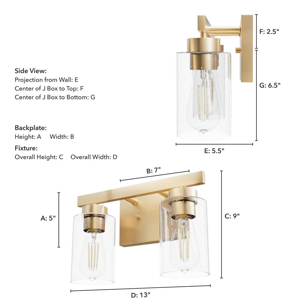 Hunter 13075 Alturas Gold Hartland Alturas Gold With Seeded Glass 2 Light Vanity Wall Light Fixture Image 3