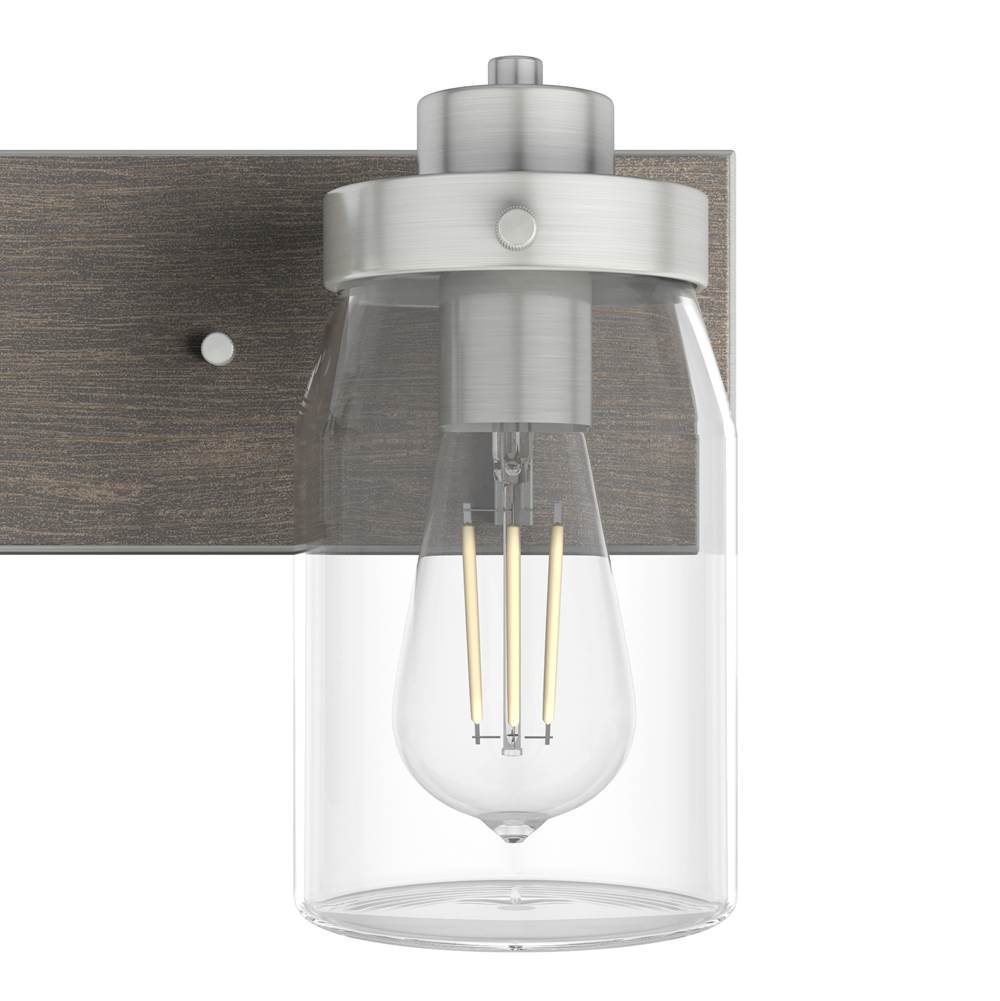 Hunter Devon Park Devon Park Brushed Nickel And Grey Wood With Clear Glass 2 Light Vanity Wall Light Fixture