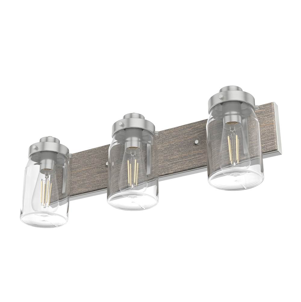 Hunter 48020 Brushed Nickel,Grey Wood Devon Park Brushed Nickel And Grey Wood With Clear Glass 3 Light Vanity Wall Light Fixture Image 7