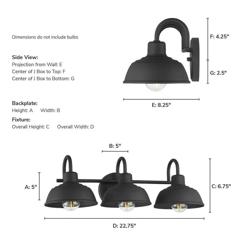 Hunter 48230 Matte Black Hunter Mill Valley Matte Black 3 Light Medium Bathroom Vanity Wall Light Fixture Image 5