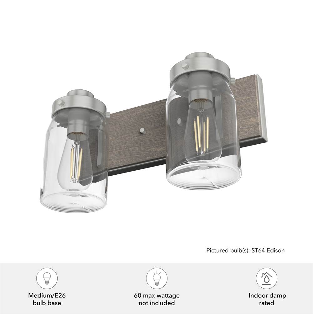 Hunter 48019 Brushed Nickel,Grey Wood Devon Park Brushed Nickel And Grey Wood With Clear Glass 2 Light Vanity Wall Light Fixture Image 2
