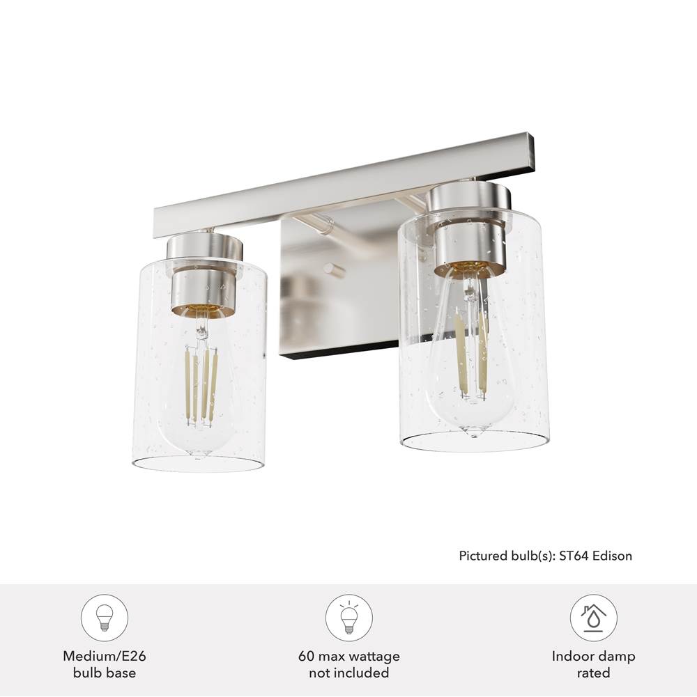 Hunter 13074 Brushed Nickel Hartland Brushed Nickel With Seeded Glass 2 Light Vanity Wall Light Fixture Image 2