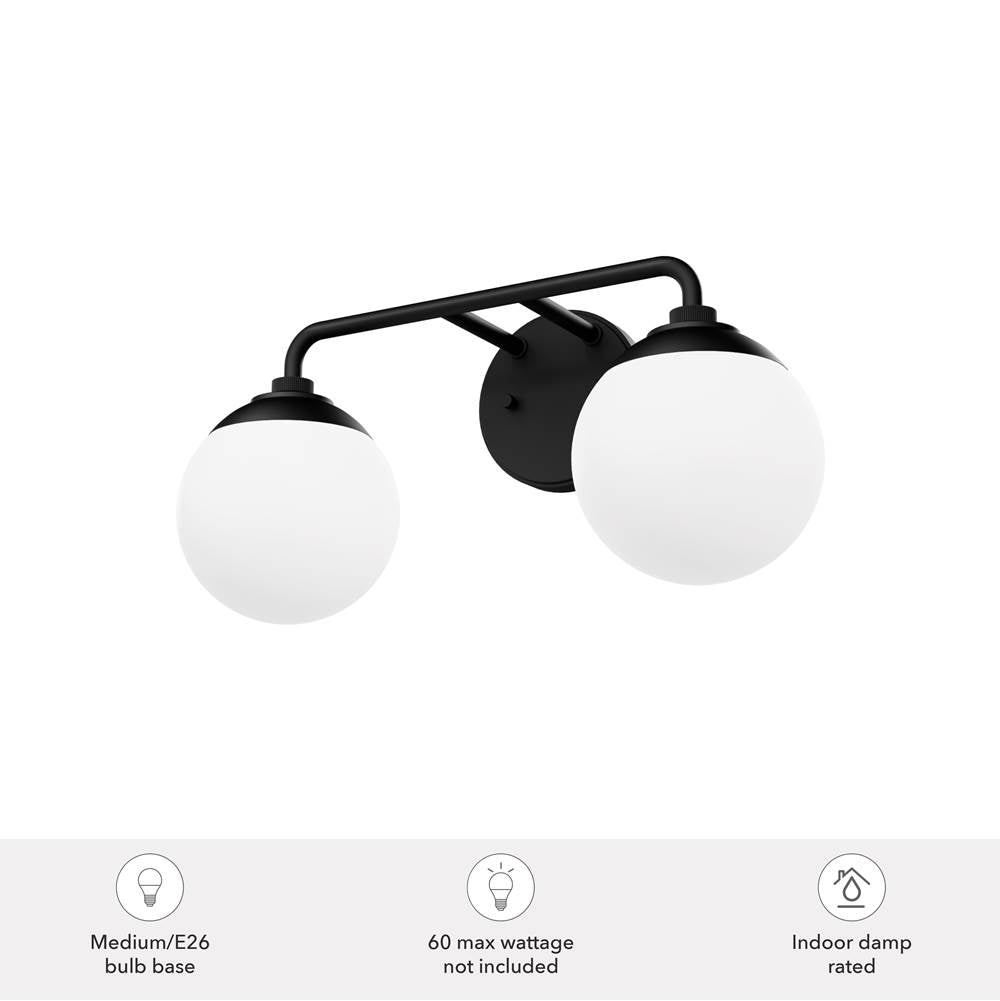 Hunter 45220 Matte Black Hepburn Matte Black With Cased White Glass 2 Light Bathroom Vanity Wall Light Fixture Image 2