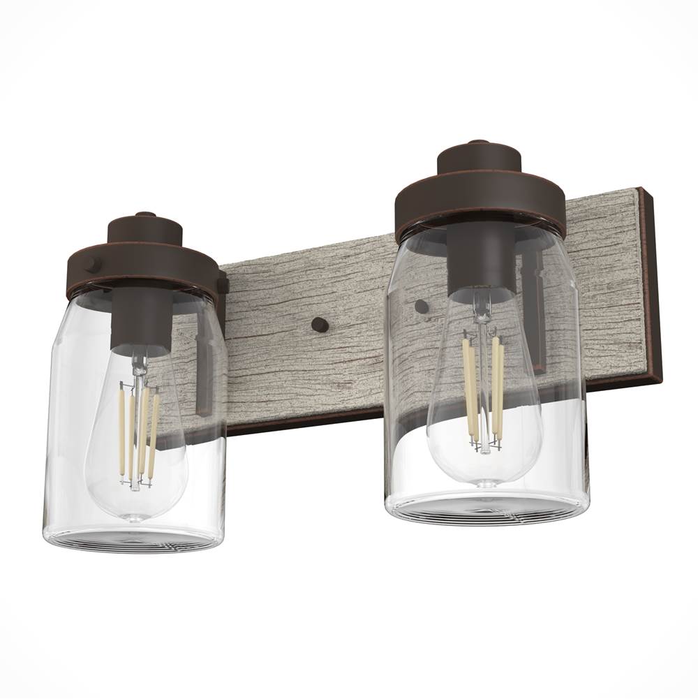 Hunter 48018 Onyx Bengal,Barnwood Devon Park Onyx Bengal And Barnwood With Clear Glass 2 Light Vanity Wall Light Fixture Image 1