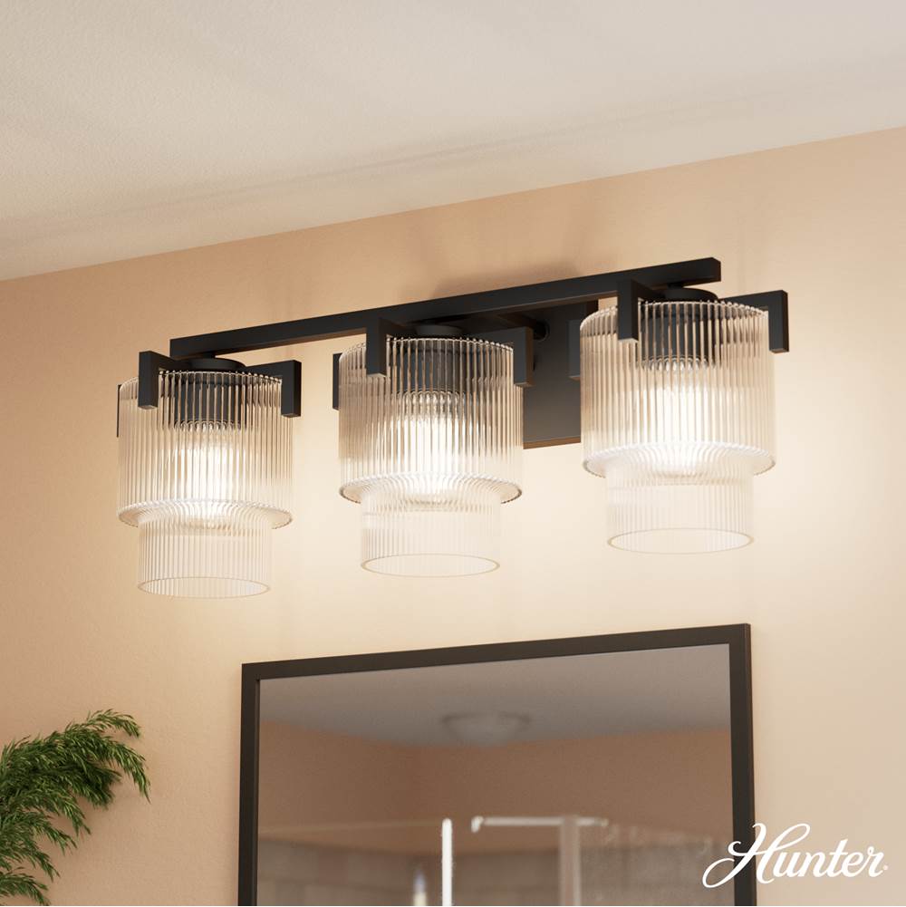 Hunter 13155 Matte Black Ontario Matte Black With Clear Glass 3 Light Bathroom Vanity Wall Light Fixture Image 2