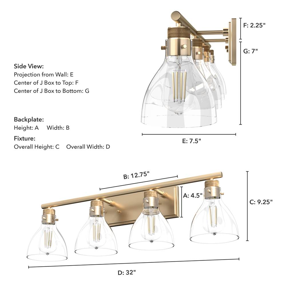 Hunter 48039 Alturas Gold Van Nuys Alturas Gold With Clear Glass 4 Light Vanity Wall Light Fixture Image 3