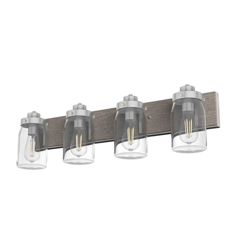 Hunter 48022 Brushed Nickel,Grey Wood Devon Park Brushed Nickel And Grey Wood With Clear Glass 4 Light Vanity Wall Light Fixture Image 1