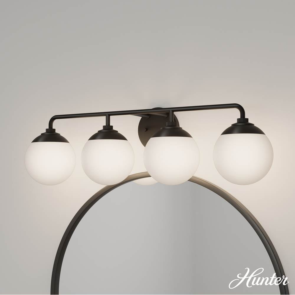 Hunter 45221 Matte Black Hepburn Matte Black With Cased White Glass 4 Light Bathroom Vanity Wall Light Fixture Image 4