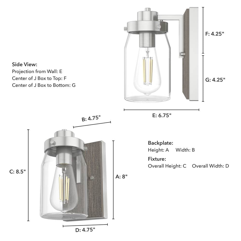 Hunter 48016 Brushed Nickel,Grey Wood Devon Park Brushed Nickel And Grey Wood With Clear Glass 1 Light Sconce Wall Light Fixture Image 3