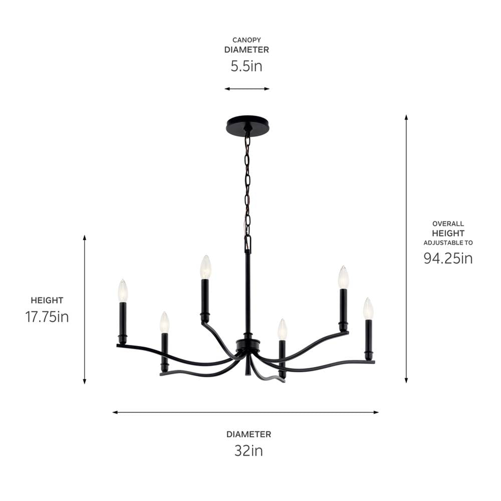Kichler Lighting 52695BK Black Malene 32 Inch 6 Light Chandelier In Black Image 2