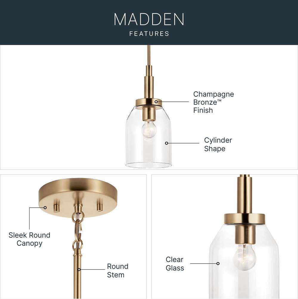 Kichler Lighting 52725CPZ Champagne Bronze Madden 15 Inch 1 Light Mini Pendant With Clear Glass In Champagne Bronze Image 4