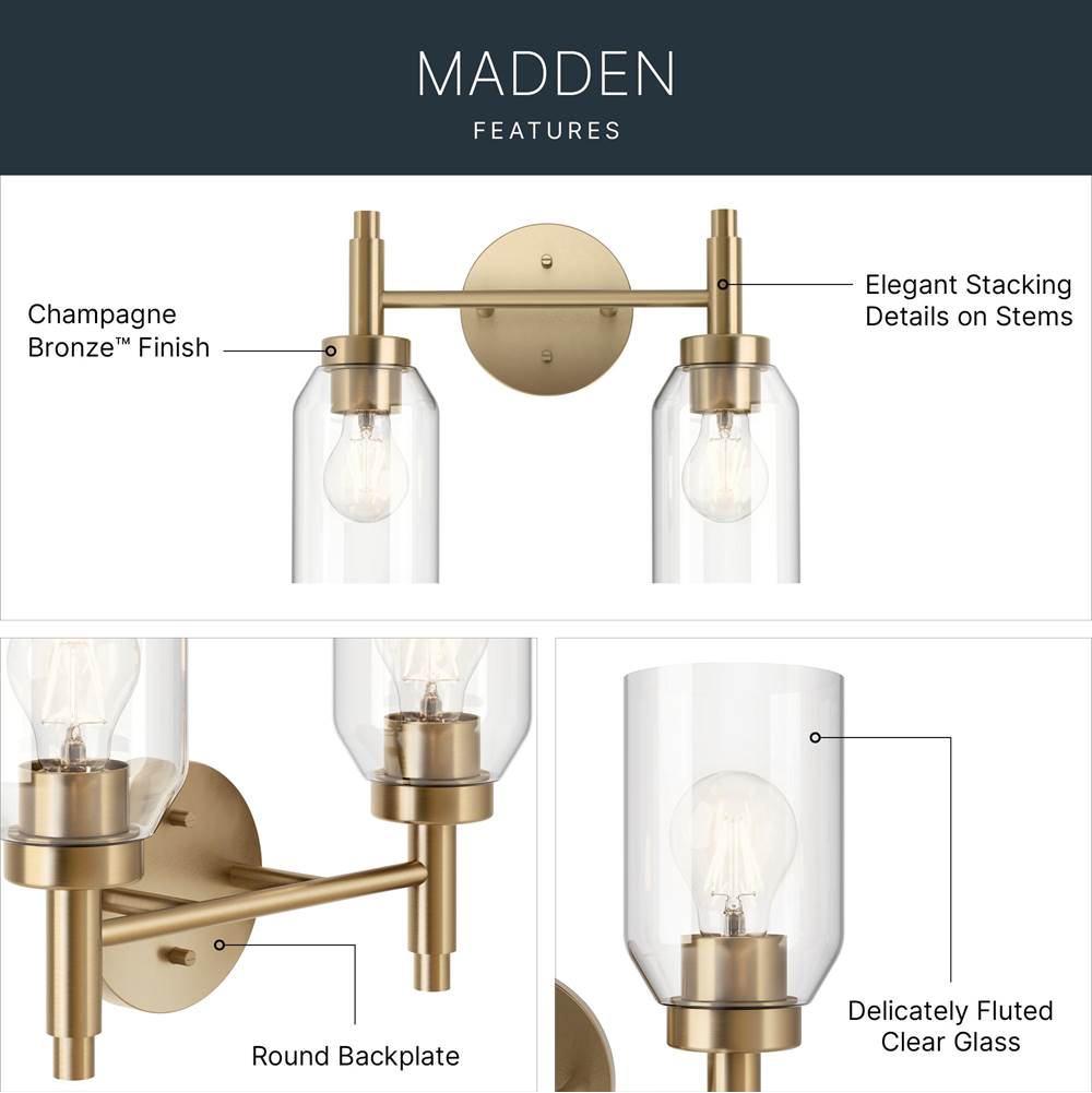Kichler Lighting 55184CPZ Champagne Bronze Madden 14.25 Inch 2 Light Vanity With Clear Glass In Champagne Bronze Image 6