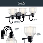 Kichler Lighting Avery 24 Inch 3 Light Vanity Light With Clear Seeded Glass In Black