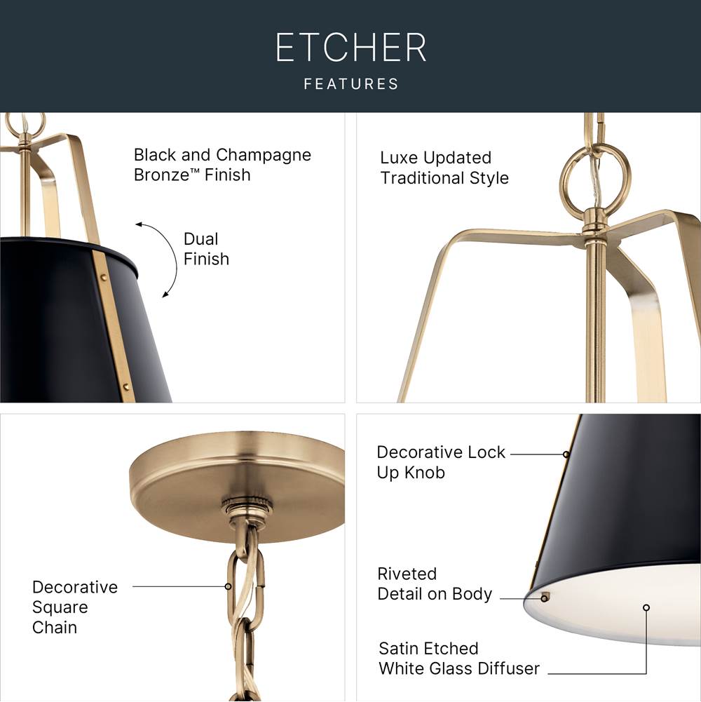 Kichler Lighting Etcher 18 Inch 2 Light Pendant With Etched Painted White Glass Diffuser In Black And Champagne Bronze