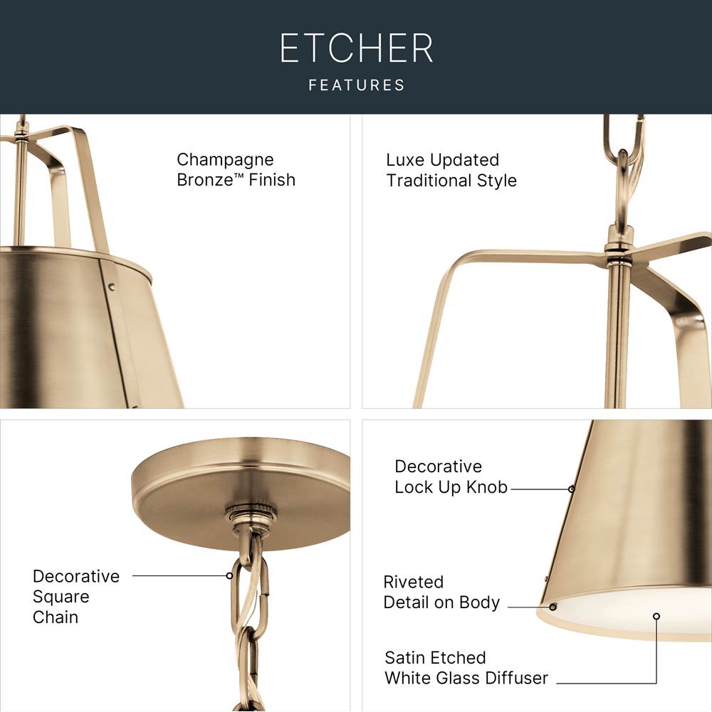 Kichler Lighting Etcher 18 Inch 2 Light Pendant With Etched Painted White Glass Diffuser In Champagne Bronze