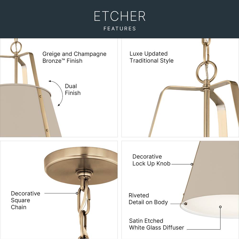 Kichler Lighting 52711GRG Greige Etcher 18 Inch 2 Light Pendant With Satin Etched White Glass Diffuser In Greige And Champagne Bronze Image 7