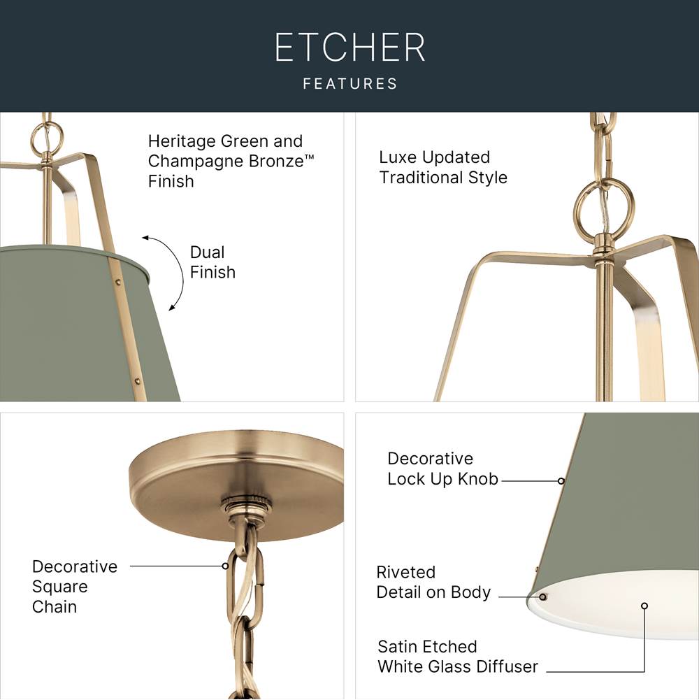 Kichler Lighting 52711HGN  Etcher 18 Inch 2 Light Pendant With Satin Etched White Glass Diffuser In Heritage Green And Champagne Bronze Image 7