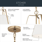 Kichler Lighting Etcher 18 Inch 2 Light Pendant With Etched Painted White Glass Diffuser In White And Champagne Bronze