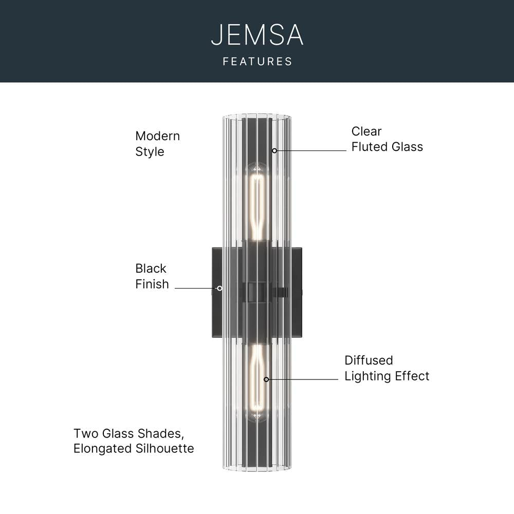 Kichler Lighting 55166BK Black Jemsa 18 Inch 2 Light Wall Sconce With Clear Fluted Glass In Black Image 8
