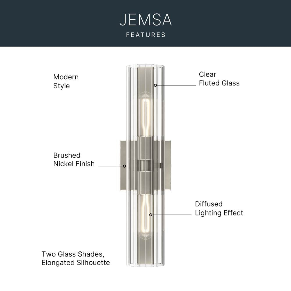 Kichler Lighting 55166NI Brushed Nickel Jemsa 18 Inch 2 Light Wall Sconce With Clear Fluted Glass In Brushed Nickel Image 8