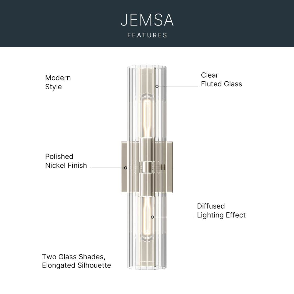 Kichler Lighting 55166PN Polished Nickel Jemsa 18 Inch 2 Light Wall Sconce With Clear Fluted Glass In Polished Nickel Image 8