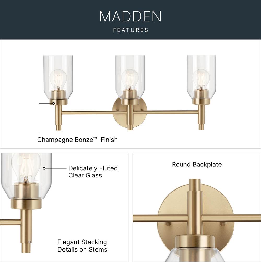 Kichler Lighting 55185CPZ Champagne Bronze Madden 24 Inch 3 Light Vanity With Clear Glass In Champagne Bronze Image 7