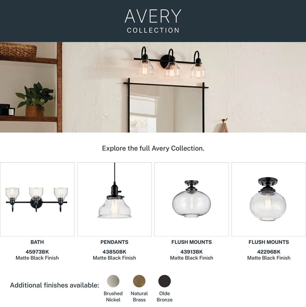 Kichler Lighting 45973BK Black Avery 24 Inch 3 Light Vanity Light With Clear Seeded Glass In Black Image 3