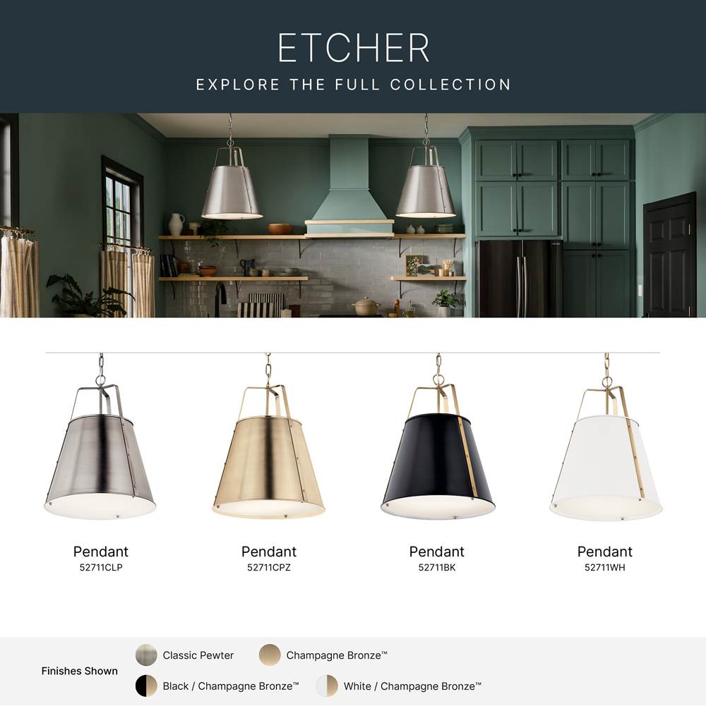 Kichler Lighting 52711BK Black Etcher 18 Inch 2 Light Pendant With Etched Painted White Glass Diffuser In Black And Champagne Bronze Image 3