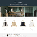 Kichler Lighting 52711BK Black Etcher 18 Inch 2 Light Pendant With Etched Painted White Glass Diffuser In Black And Champagne Bronze Image 3