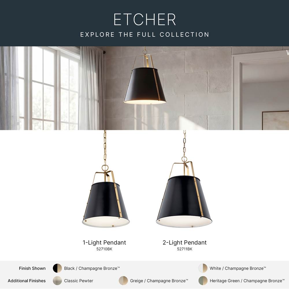Kichler Lighting Etcher 13 Inch 1 Light Pendant With Etched Painted White Glass Diffuser In Black And Champagne Bronze