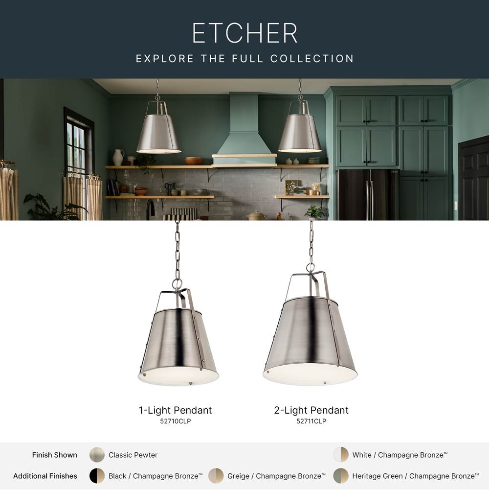 Kichler Lighting Etcher 13 Inch 1 Light Pendant With Etched Painted White Glass Diffuser In Classic Pewter