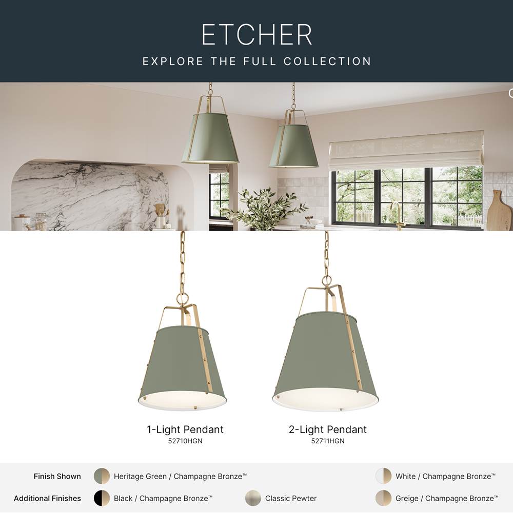Kichler Lighting 52711HGN  Etcher 18 Inch 2 Light Pendant With Satin Etched White Glass Diffuser In Heritage Green And Champagne Bronze Image 2