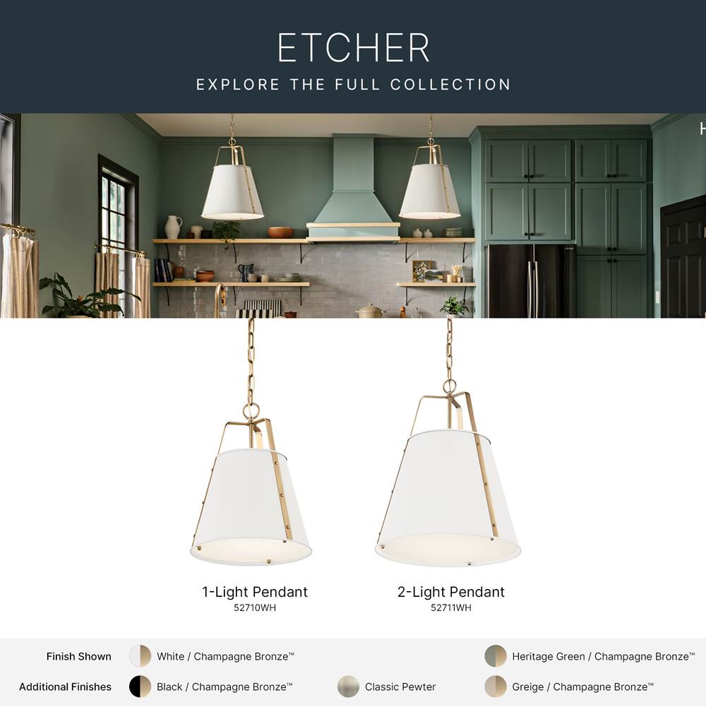 Kichler Lighting 52711WH White Etcher 18 Inch 2 Light Pendant With Etched Painted White Glass Diffuser In White And Champagne Bronze Image 2
