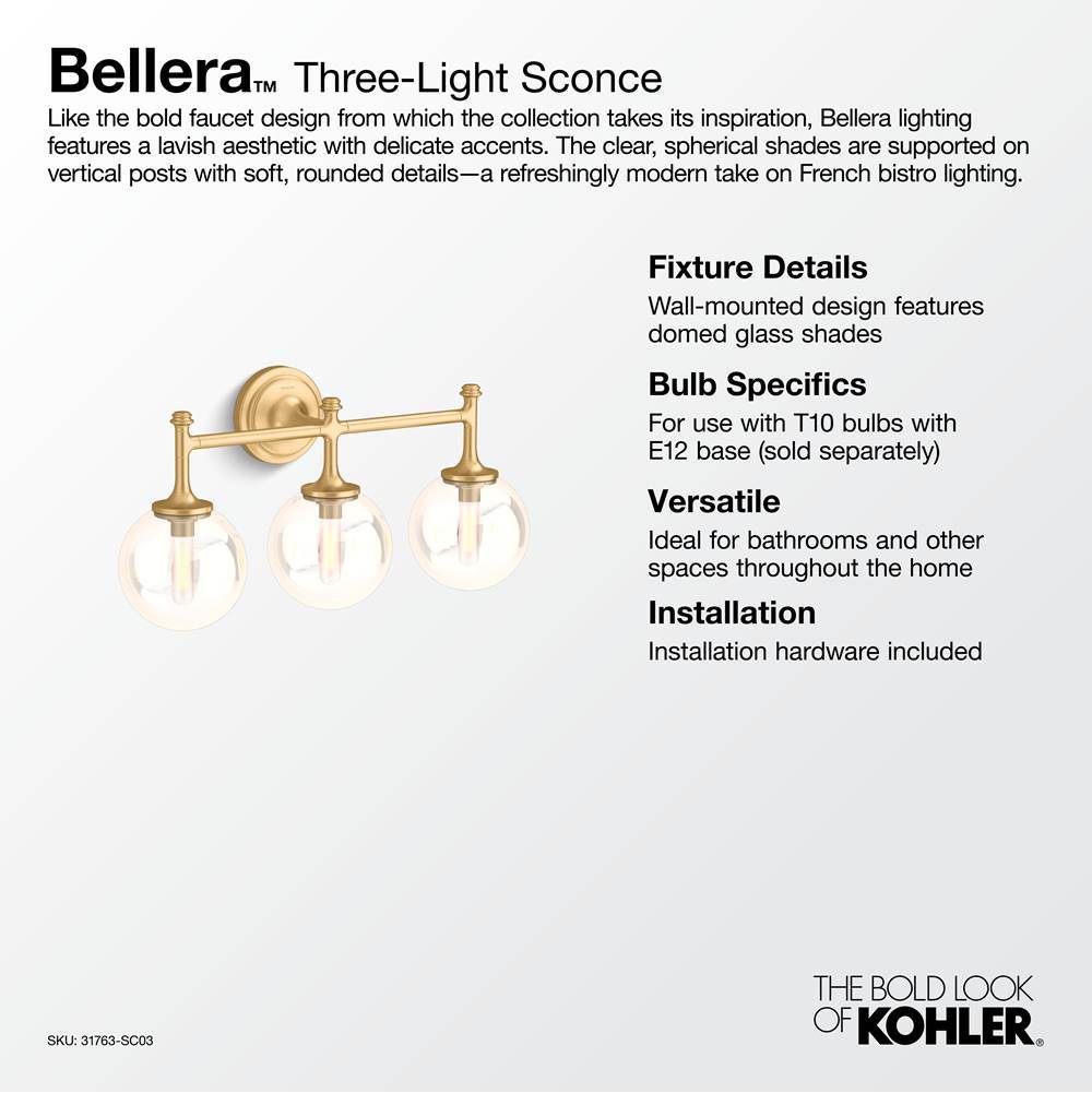 Kohler K-31763-SC03-2GL Brushed Modern Brass Bellera 3 Light Sconce Image 3