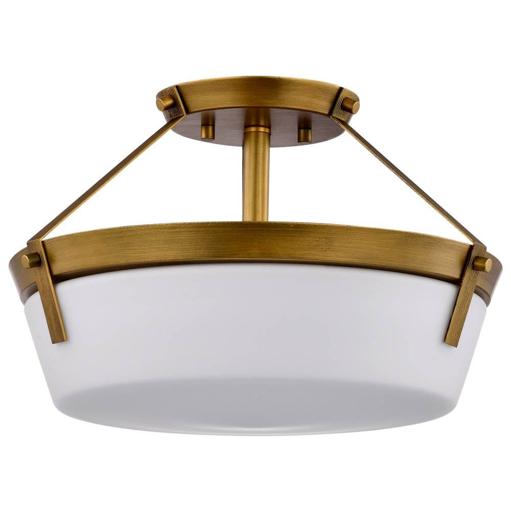Nuvo Rowen 3 Light Semi Flush; Natural Brass Finish; Etched White Glass