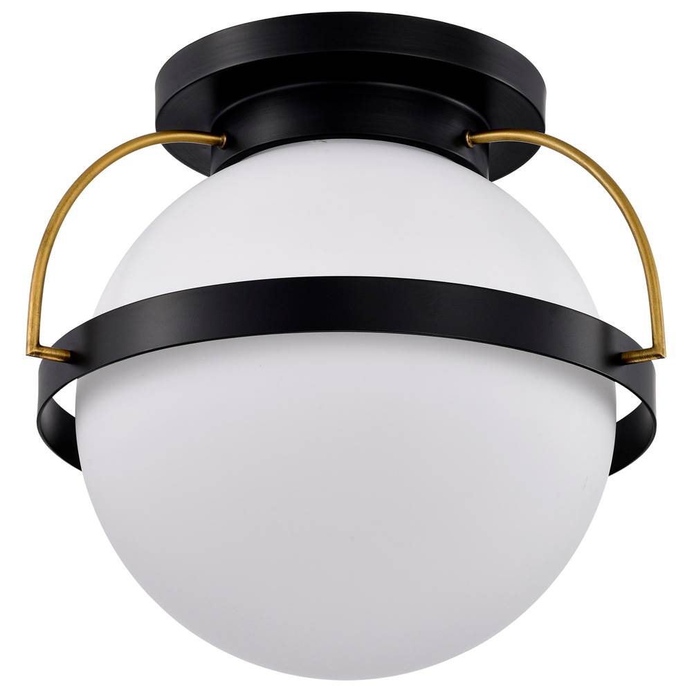 Nuvo Lakeshore 1 Light Large Flush; Matte Black And Natural Brass Finish; White Opal Glass