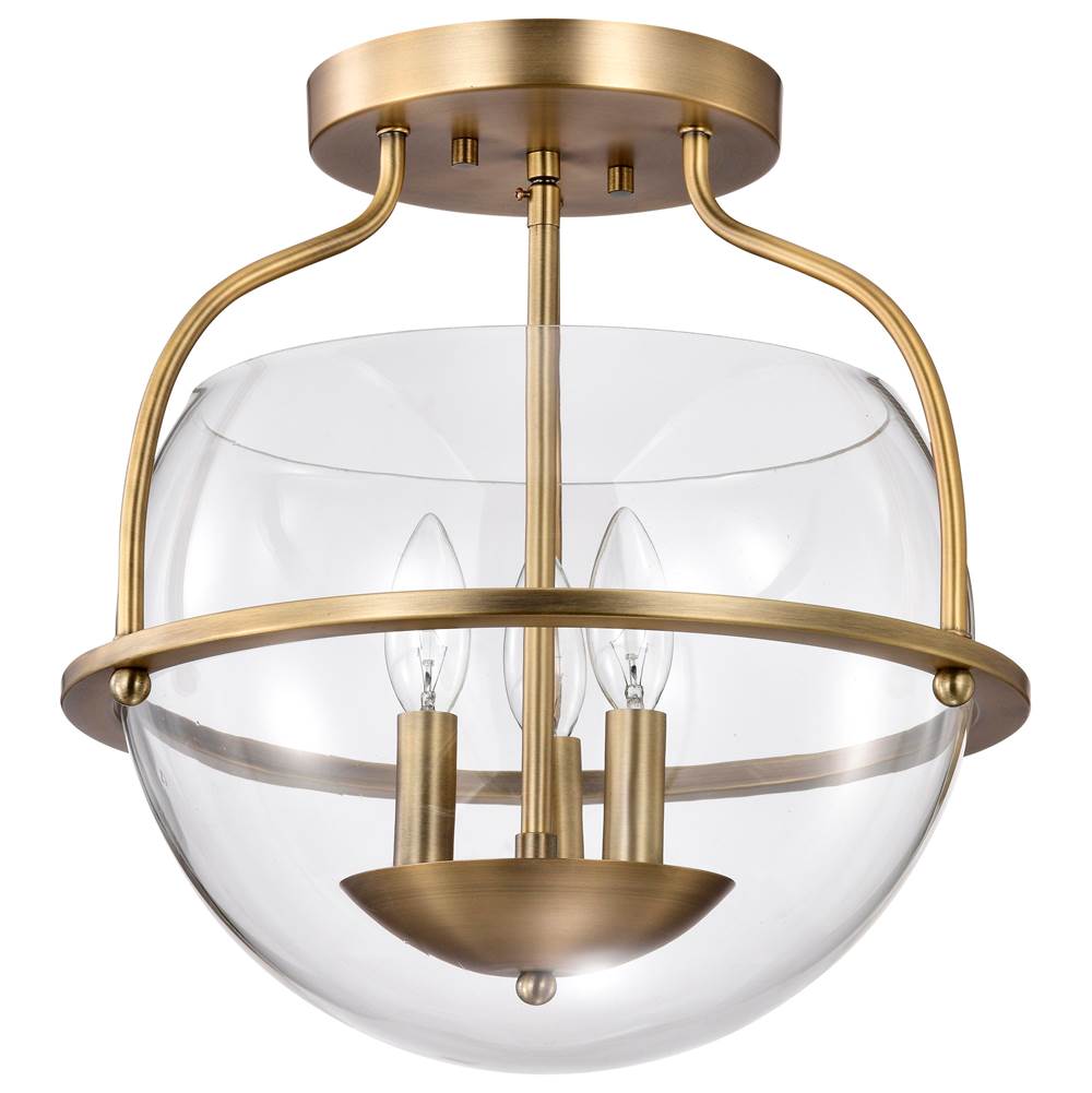 Nuvo Amado 3 Light Semi Flush Mount; Vintage Brass Finish; Clear Glass