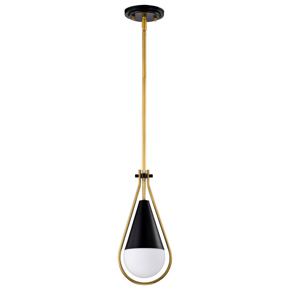 Nuvo Admiral 1 Light Pendant; 10 Inches; Matte Black And Natural Brass Finish; White Opal Glass
