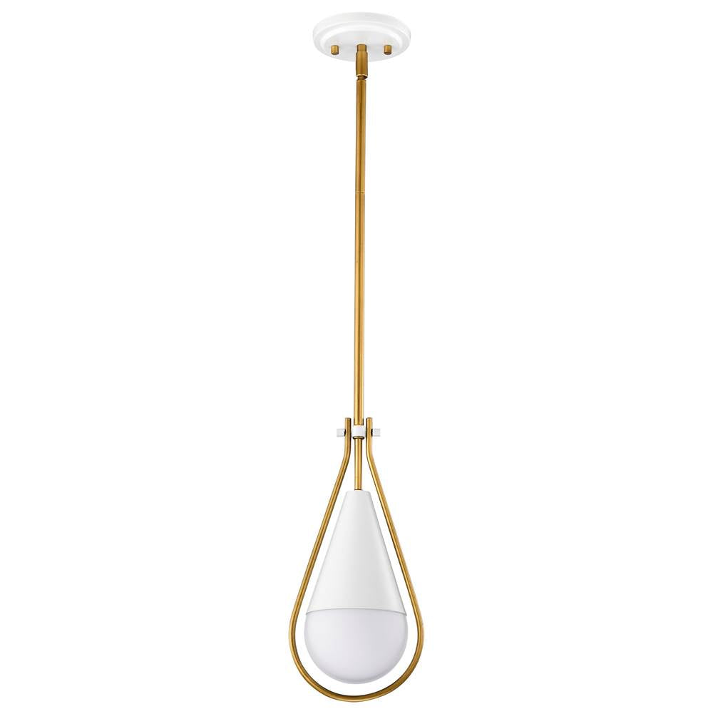 Nuvo Admiral 1 Light Pendant; 6 Inches; Matte White And Natural Brass Finish; White Opal Glass