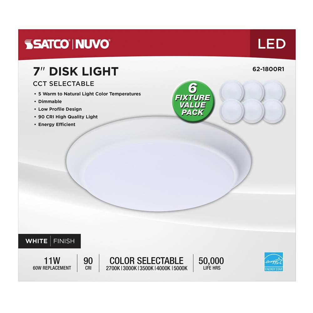 Nuvo 62-1800R1 White 7 Inch Led Disk Light - 27k/3k/35k/4k/5k Cct Selectable - White Finish - 6 Unit Contractor Pack Image 4