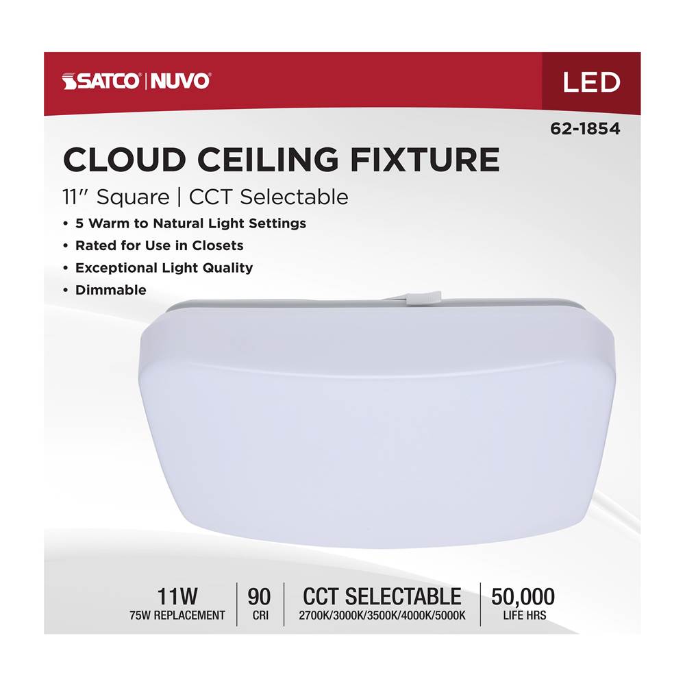 Nuvo 62-1854 White 11 Inch Led Cloud Fixture - 11 Watts - 27k/30k/35k/40k/50k Cct Selectable - Square Shape - White Finish - 120 Volt Image 2