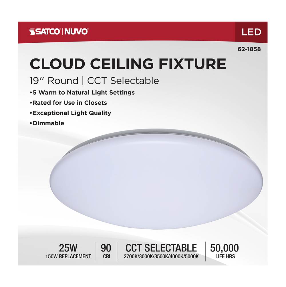 Nuvo 62-1858 White 19 Inch Led Cloud Fixture - 25 Watts - 27k/30k/35k/40k/50k Cct Selectable - Round Shape - White Finish - 120 Volt Image 2