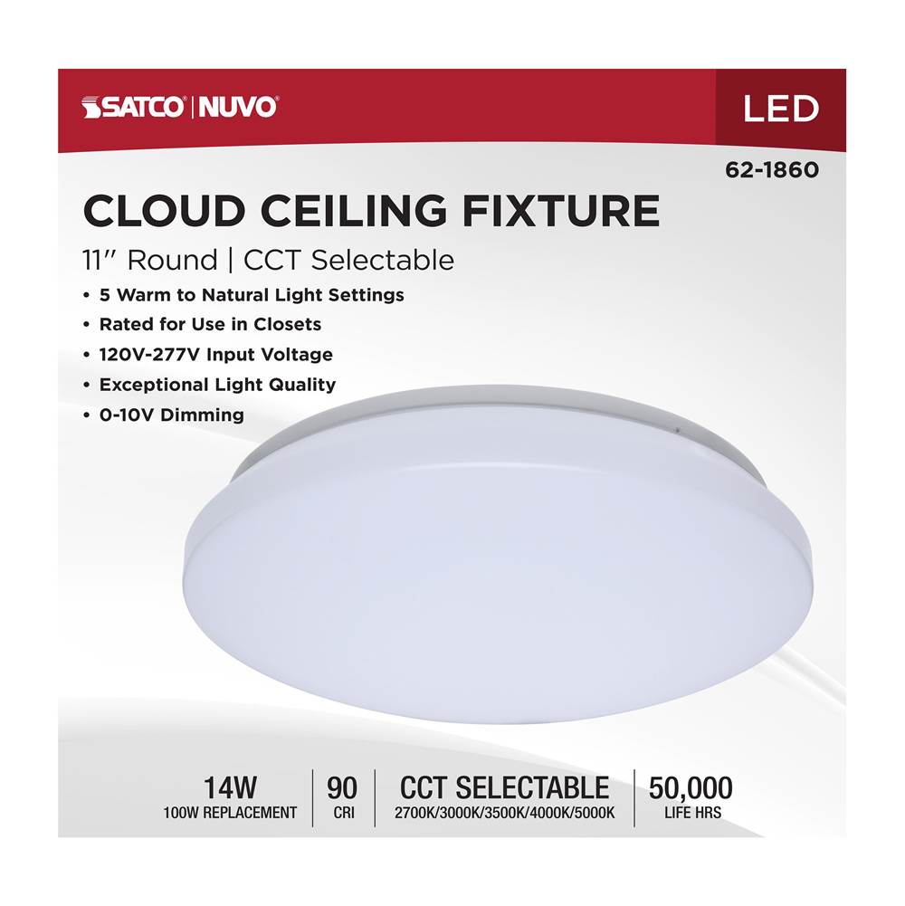 Nuvo 62-1860 White 11 Inch Led Cloud Fixture - 14 Watts - 27k/30k/35k/40k/50k Cct Selectable - White Finish - Round Shape - 120-277 Ranged Voltage Image 2