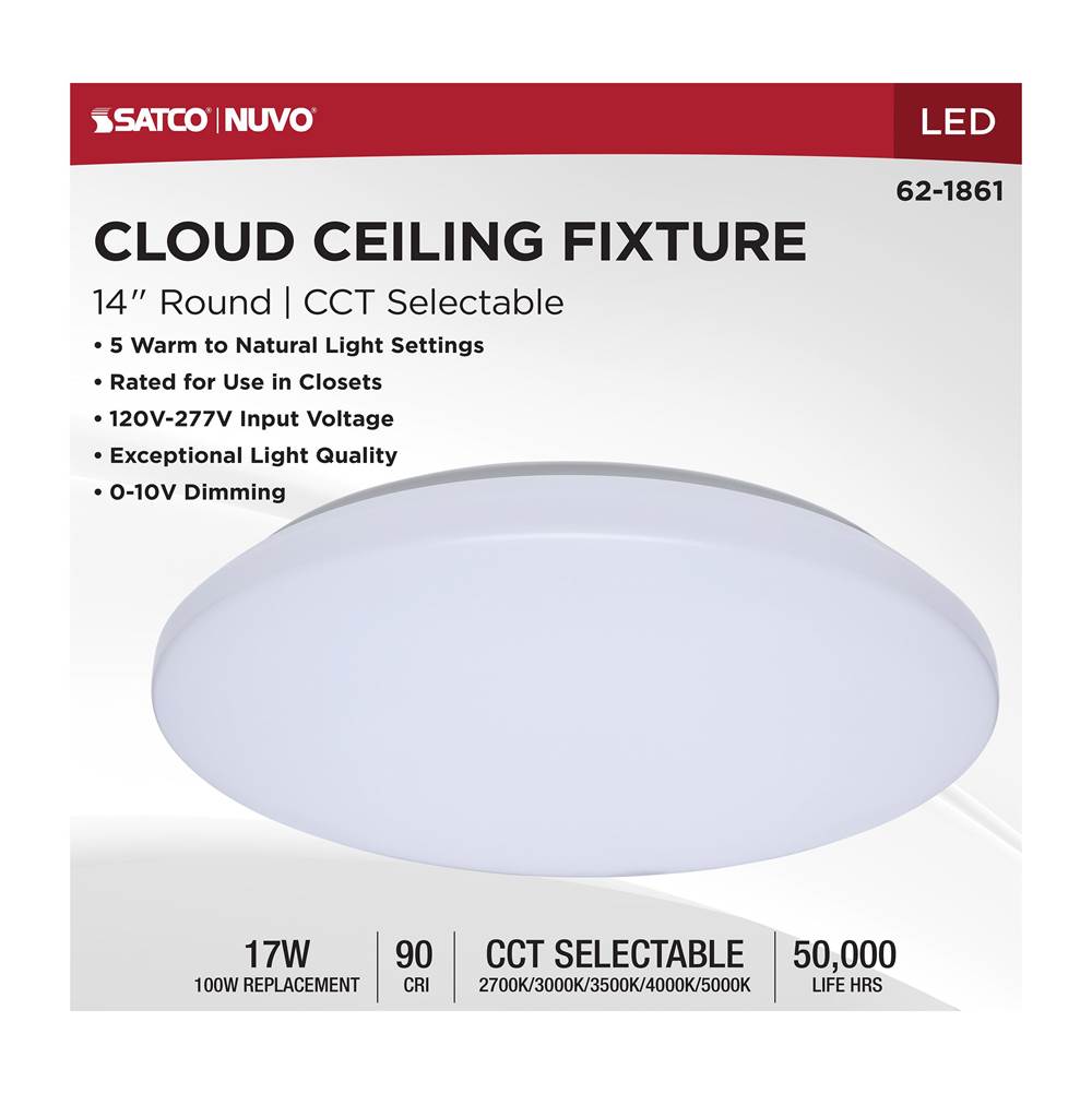 Nuvo 62-1861 White 14 Inch Led Cloud Fixture - 17 Watts - 27k/30k/35k/40k/50k Cct Selectable - White Finish - Round Shape - 120-277 Ranged Voltage Image 2