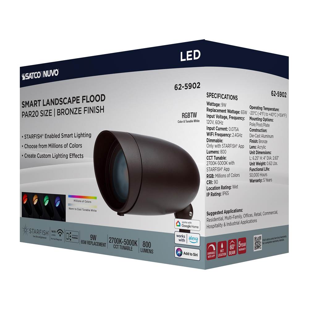 Nuvo 62-5902 Bronze 9 Watt Led Landscape Floodlight - Rgb And 2700k-5000k Tunable White - Par20 - Bronze Finish Image 3