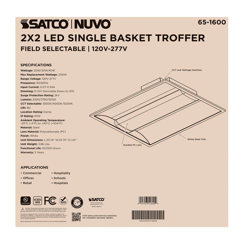 Nuvo 65-1600 White 2x2 Single Basket Troffer Image 5