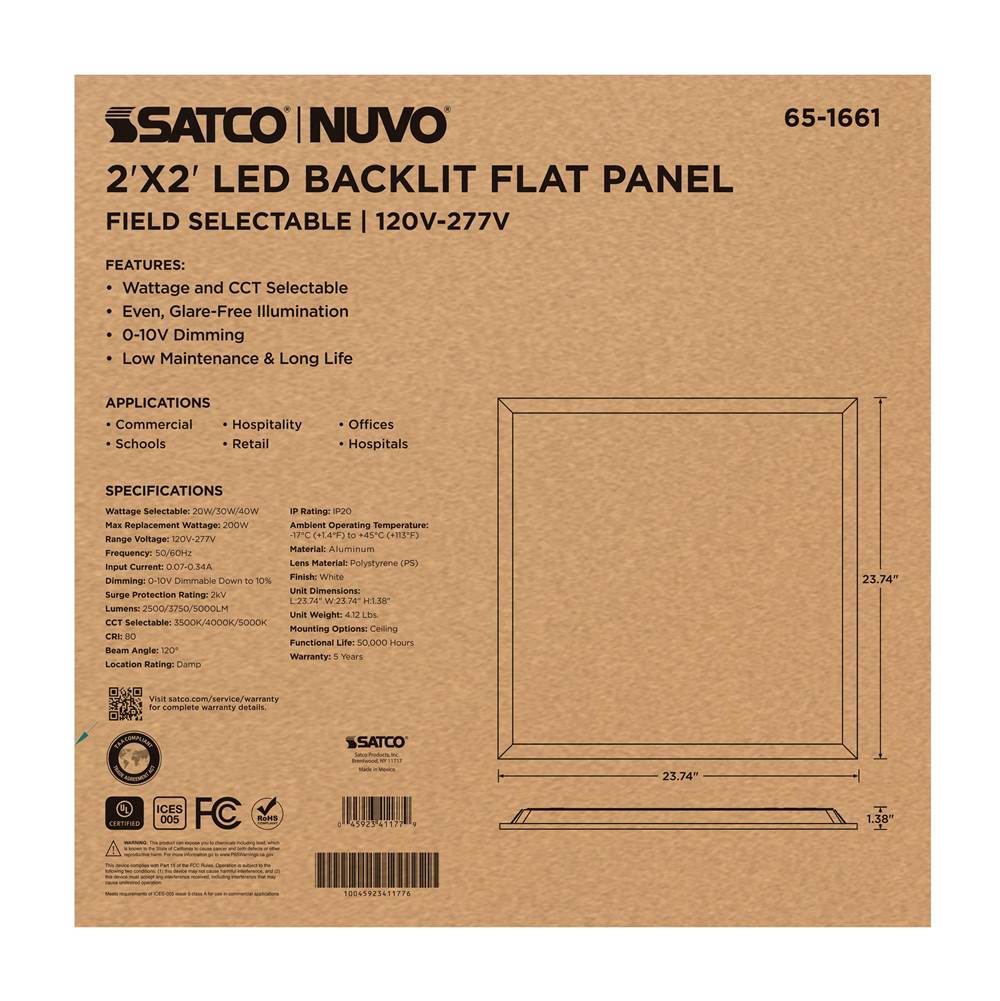 Nuvo 65-1661 White 20/30/40 Wattage Selectable Led 2ft X 2ft Backlit Panel - 35k/4k/5k Cct Selectable - 120-277 Range Voltage Image 5