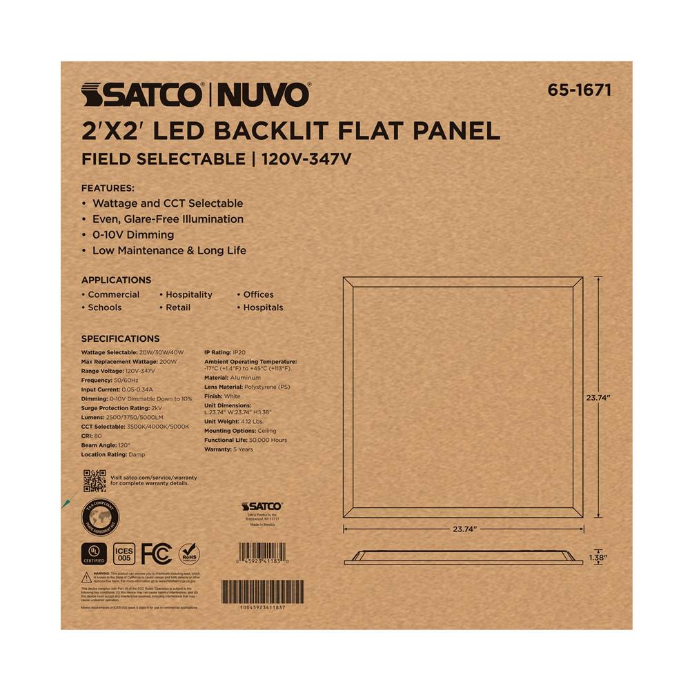 Nuvo 65-1671 White 20/30/40 Wattage Selectable Led 2ft X 2ft Backlit Panel - 35k/4k/5k Cct Selectable - 120-347 Range Voltage Image 5