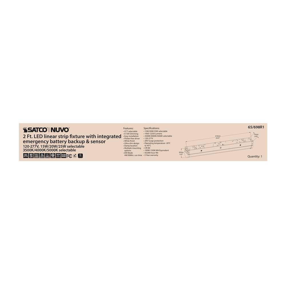 Nuvo 65-698R1 White Led 2 Ft. - Linear Strip Light - 15/20/25 Watt - 35k/40k/50k Cct Selectable - White Finish - 120-277v - Integrated Em And Sensor Image 6